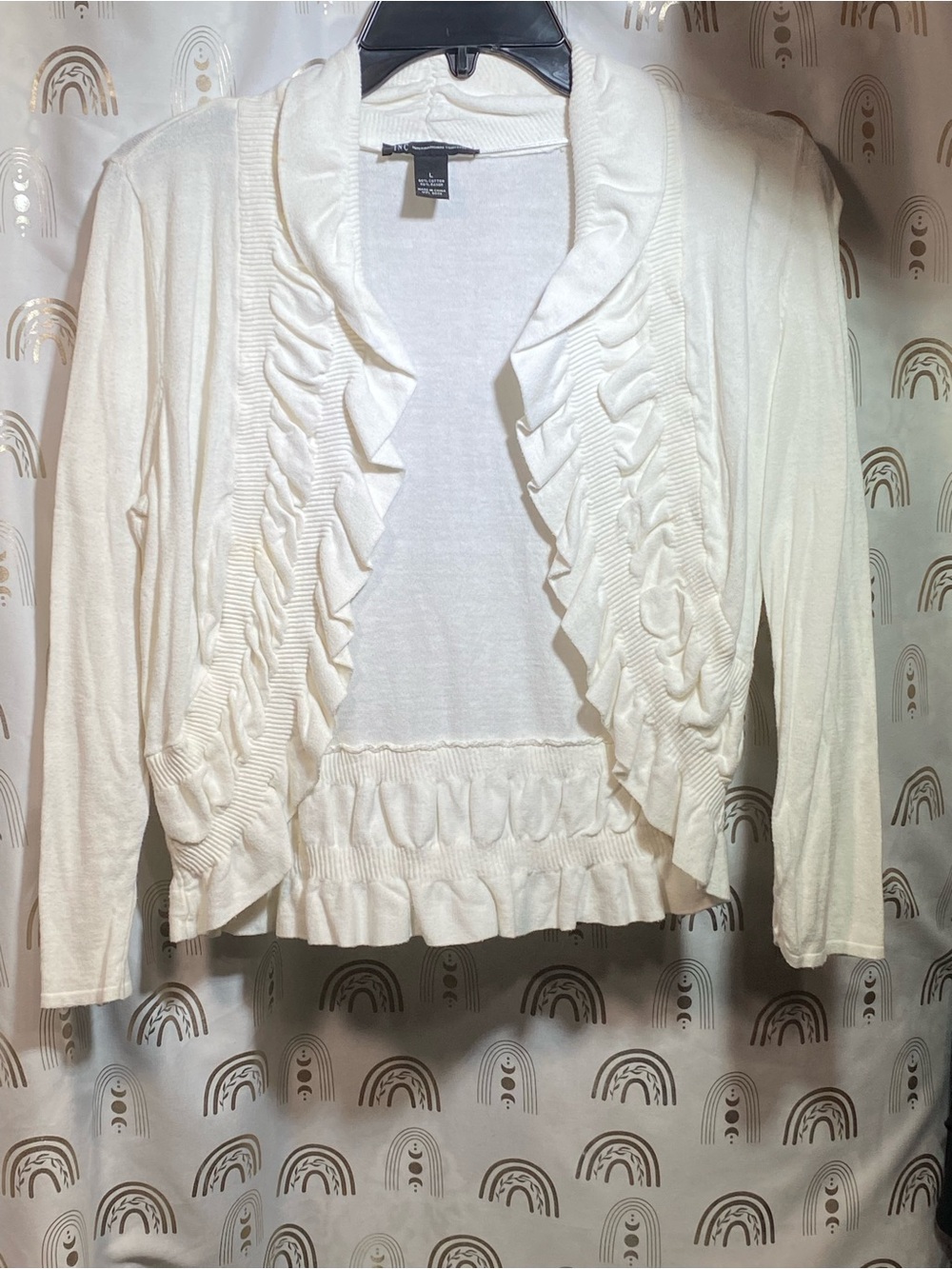 INC International Concepts Cream Ruffle-Trim Open Cardigan